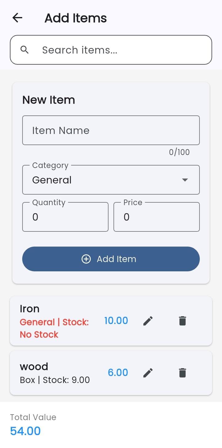 Inventory screen listing items with prices