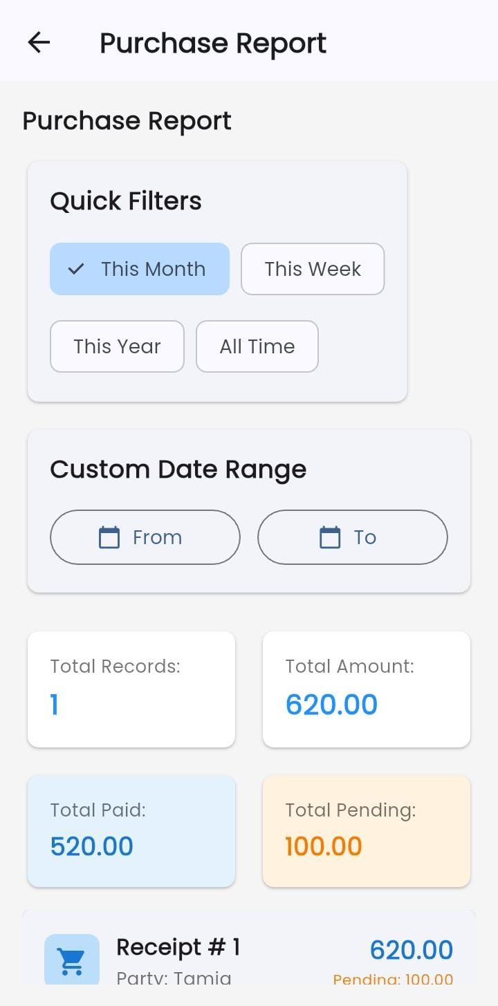 Reports screen with sales and purchase charts